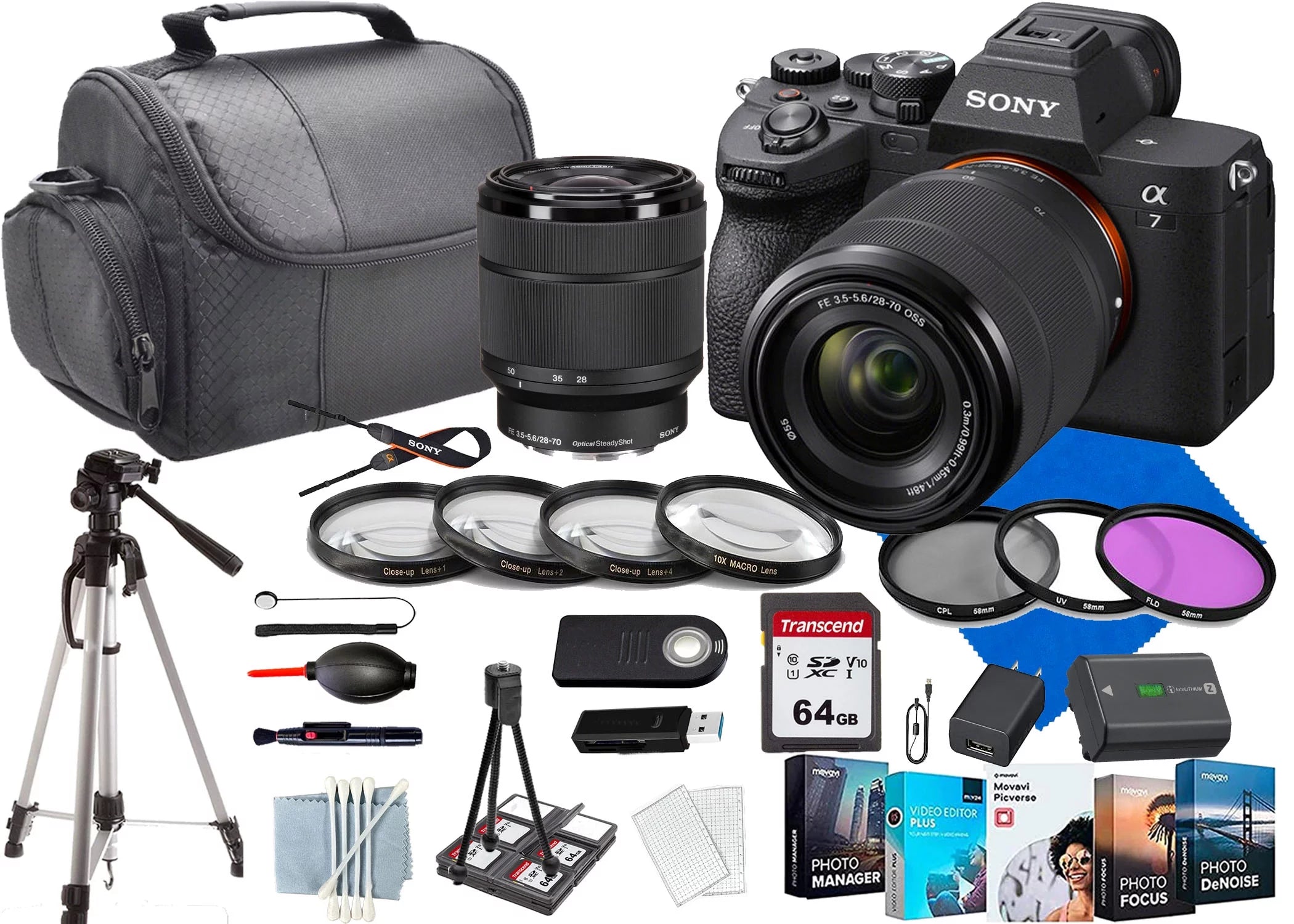 Mirrorless Camera with 28-70mm Lens + 64 GIG Memory Card + Tripod + Photo Software Bundle B74084