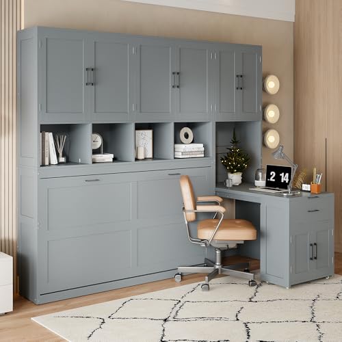 Grey Wooden Twin Murphy Bed with Storage Cabinet and Desk V8757