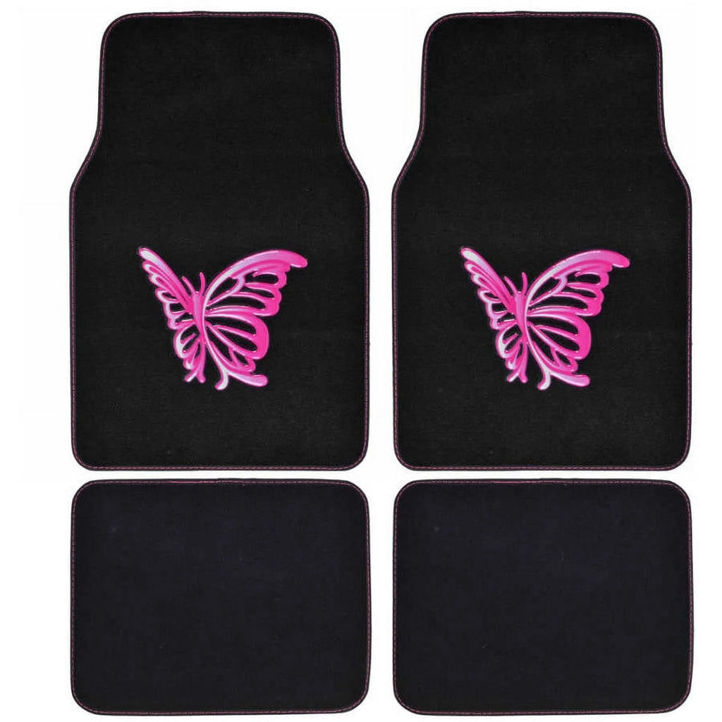 Pink Butterfly Design Carpet Car Floor Mats Full Set with Rubber Backing W424