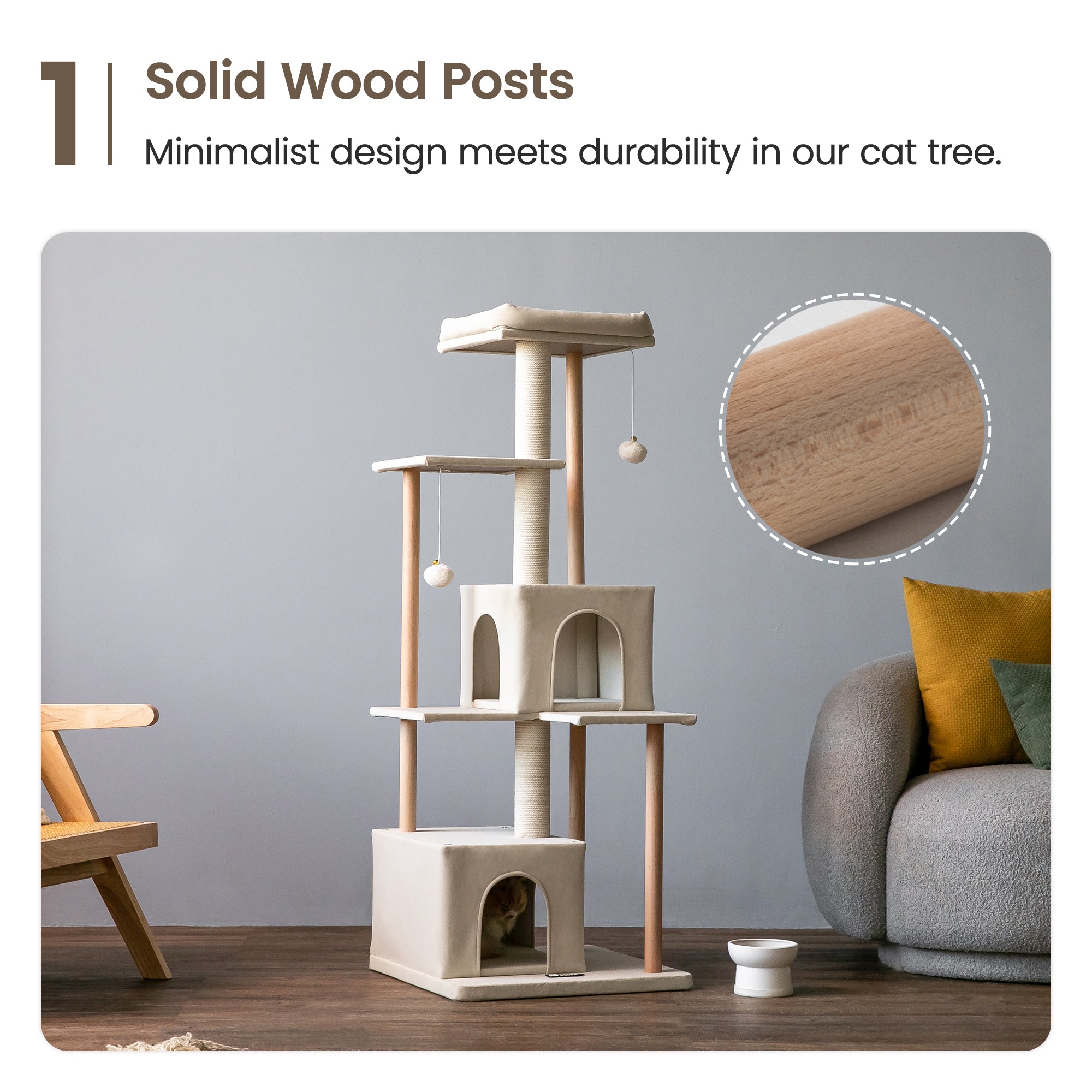 Beige Multi-Level Wood Cat Tree with 2 Condos and Perch G3995