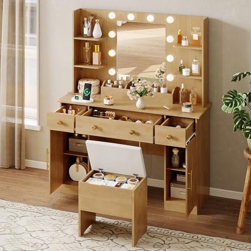 White Vanity Desk with Mirror and Lights, 3 Drawers and Cabinets E10663