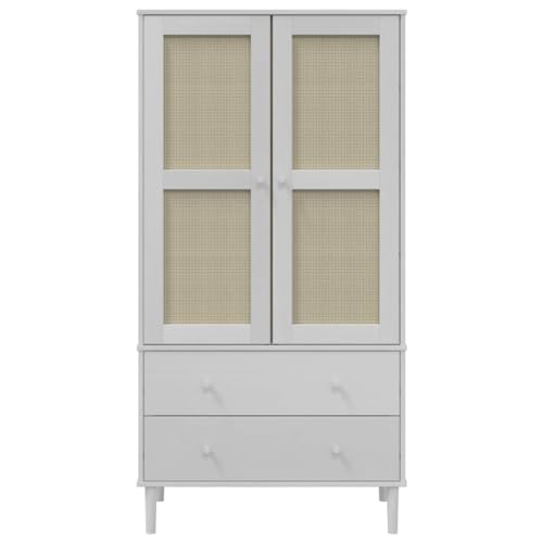 White Solid Pine Wood Wardrobe with Rattan Look Design N5729