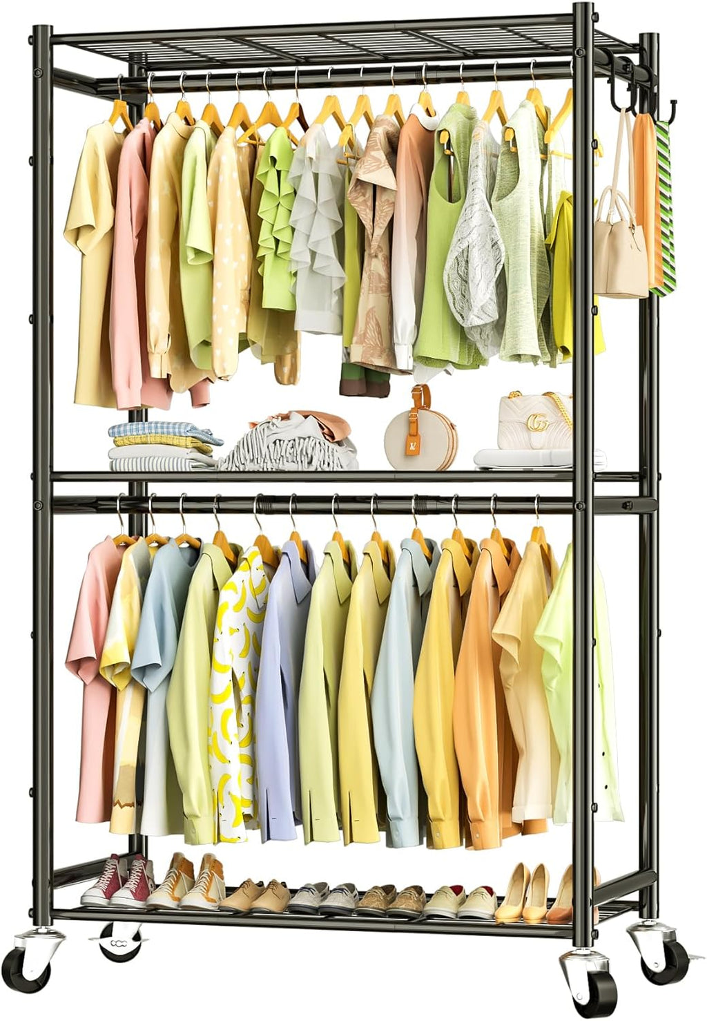 Heavy Duty Metal Rolling Clothes Rack with Double Rods & 3 Wire Shelves X99438