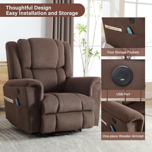 Power Lift Chair with Heat and Massage, Electric Wooden Frame Recliner Chair with Side Pocket, USB Charge Port N2575