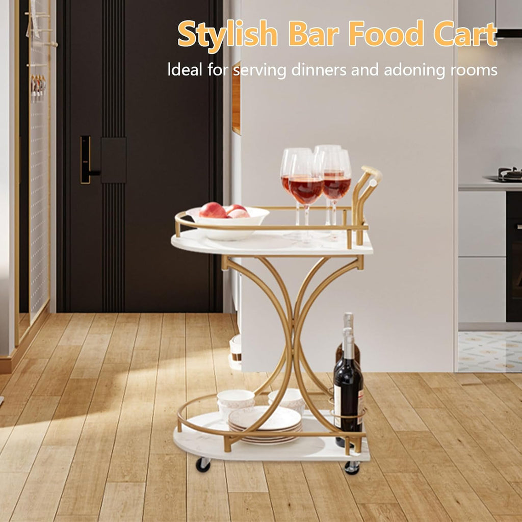 Gold 2-Tier Bar Cart with Wine Rack and Glass Holder Y521738