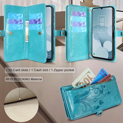 Floral Dark Purple Leather Flip Cover Phone Case with Card Holder Zipper Wrist Strap Q6328