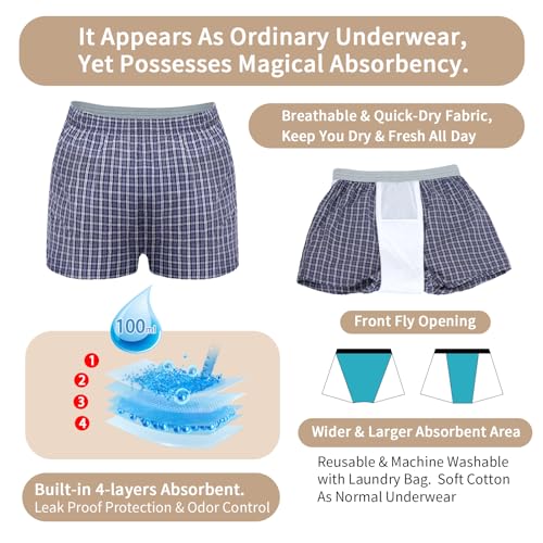 2 Pack Reusable Leak Proof Boxer Briefs with Front Fly, L P19654