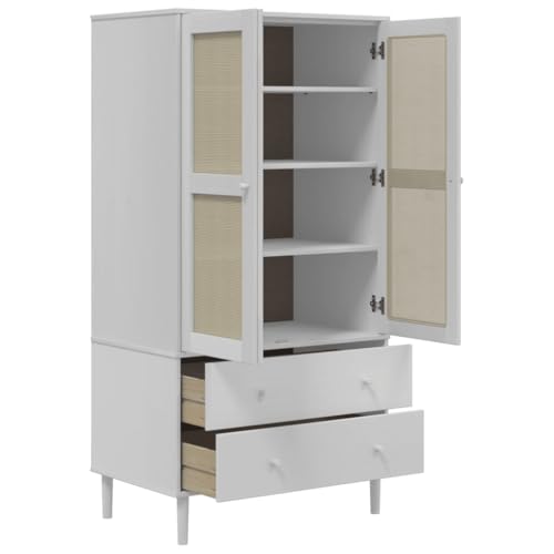 White Solid Pine Wood Wardrobe with Rattan Look Design N5729