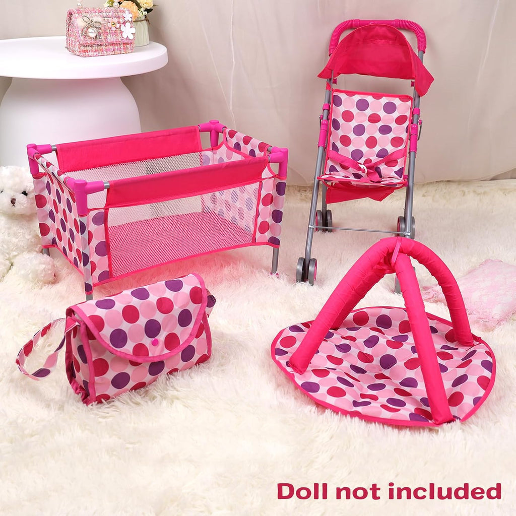 5 Pcs Reborn Baby Doll Accessories Play Set with Baby Doll Stroller, Baby Doll Crib, Play Mat, Diaper Bag, Activity Mat P2409