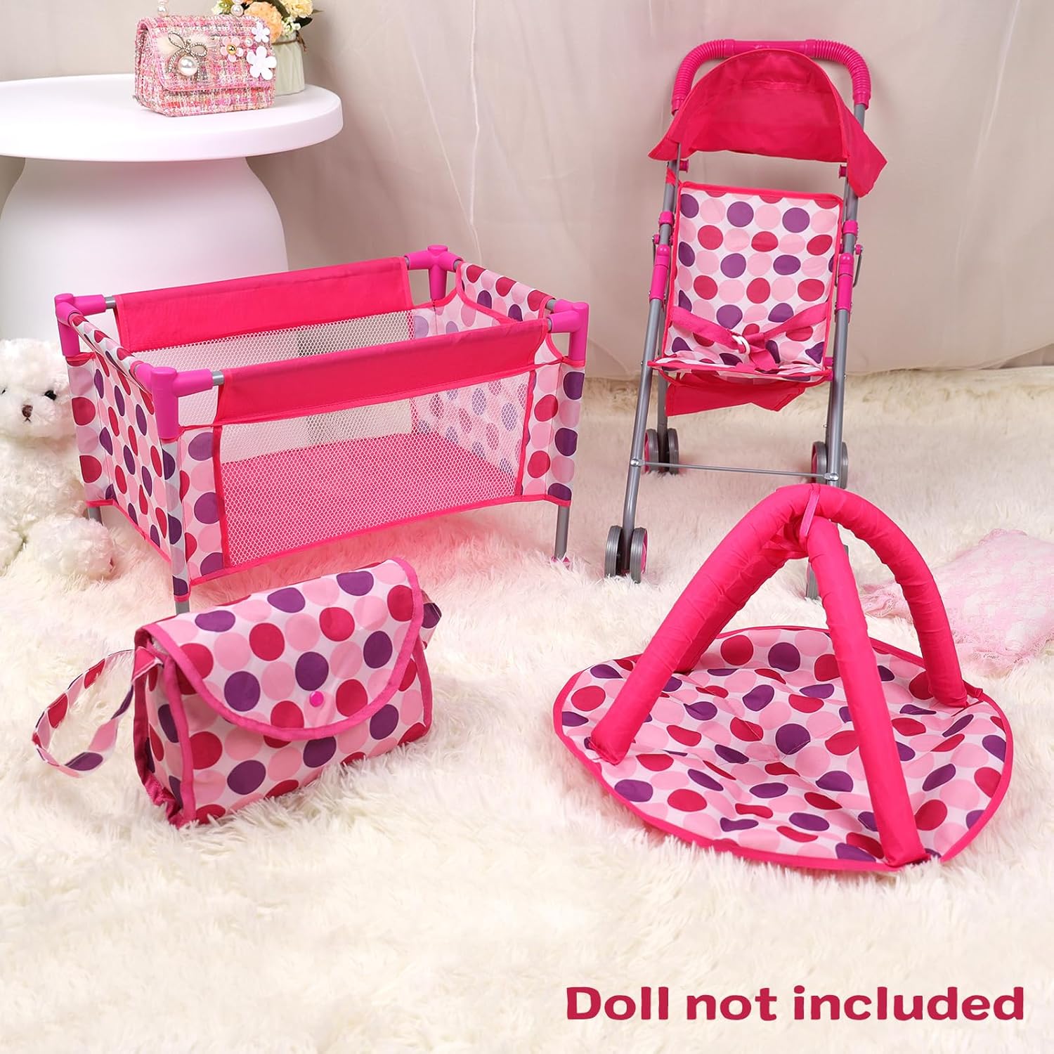 5 Pcs Reborn Baby Doll Accessories Play Set with Baby Doll Stroller, Baby Doll Crib, Play Mat, Diaper Bag, Activity Mat P2409