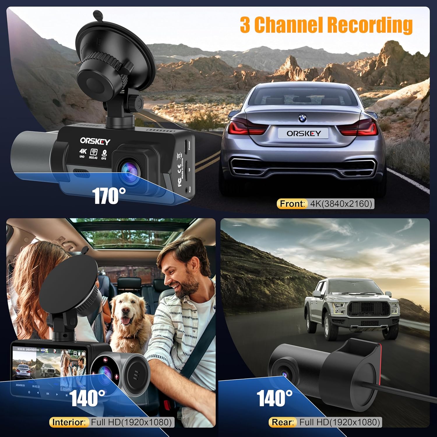 64GB Card 4K Dash Cam Front Rear Inside with GPS D5308