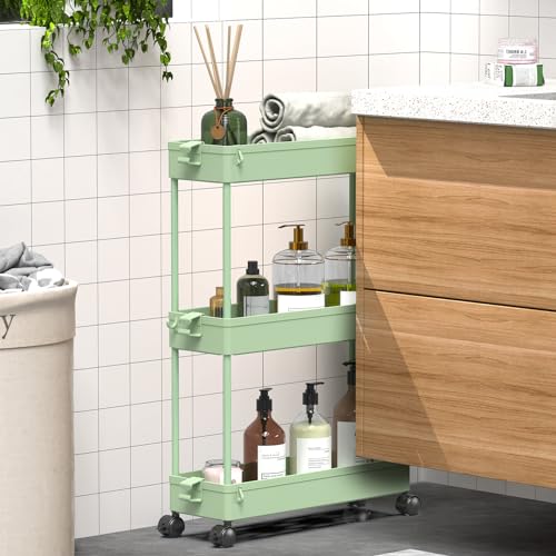 Slim Storage Cart 3 Tier Mobile Shelving Unit Rolling Utility Cart Tower Rack, Plastic & Stainless Steel C423918