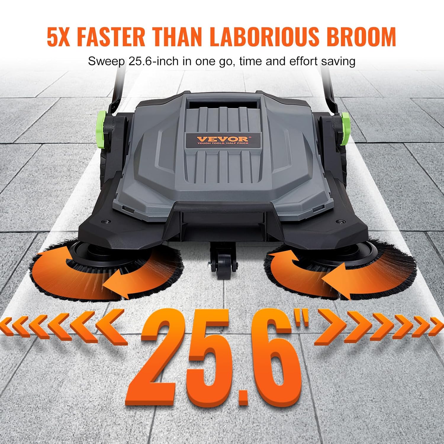 25.6" Sweeping Width Manual Non-Electric Floor Sweeper with 5-Gallon Waste Container X520