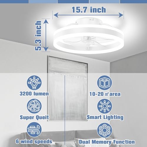 15.7in Low Profile Bladeless LED Ceiling Fan with Remote D8730