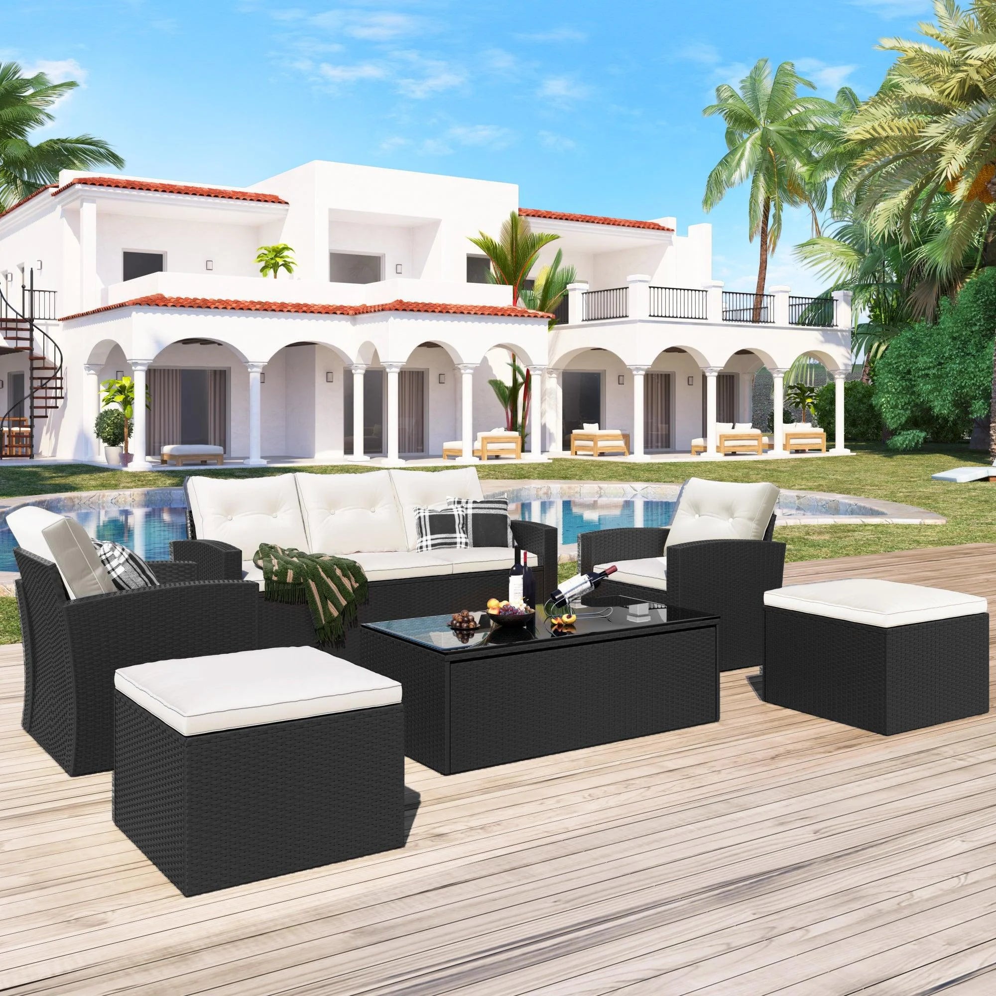 6-piece All-Weather Wicker PE Rattan Patio Outdoor Dining Conversation Sectional Set with Coffee Table, Wicker Sofas, Ottomans, Removable Cushions I514