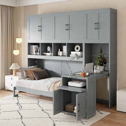 Grey Wooden Twin Murphy Bed with Storage Cabinet and Desk V8757