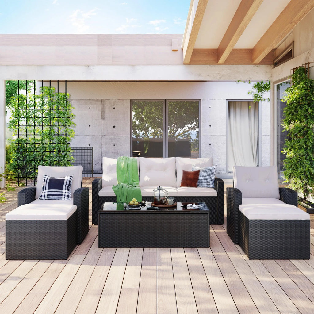 6-piece All-Weather Wicker PE Rattan Patio Outdoor Dining Conversation Sectional Set with Coffee Table, Wicker Sofas, Ottomans, Removable Cushions I514