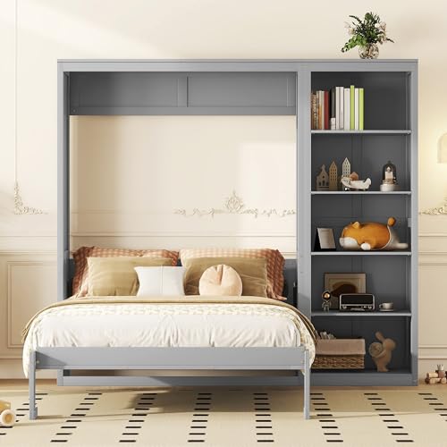 Queen Murphy Bed with Storage Bookcase Shelves, Wood Folding Grey Murphy Wall Bed Cabinet Q345567