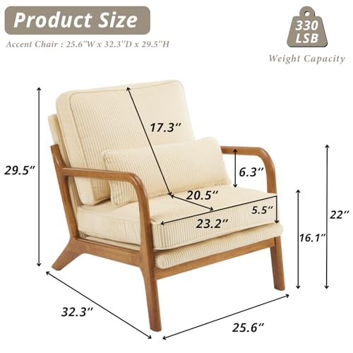 Linen White Accent Chair with Pillow Solid Wood Frame I626