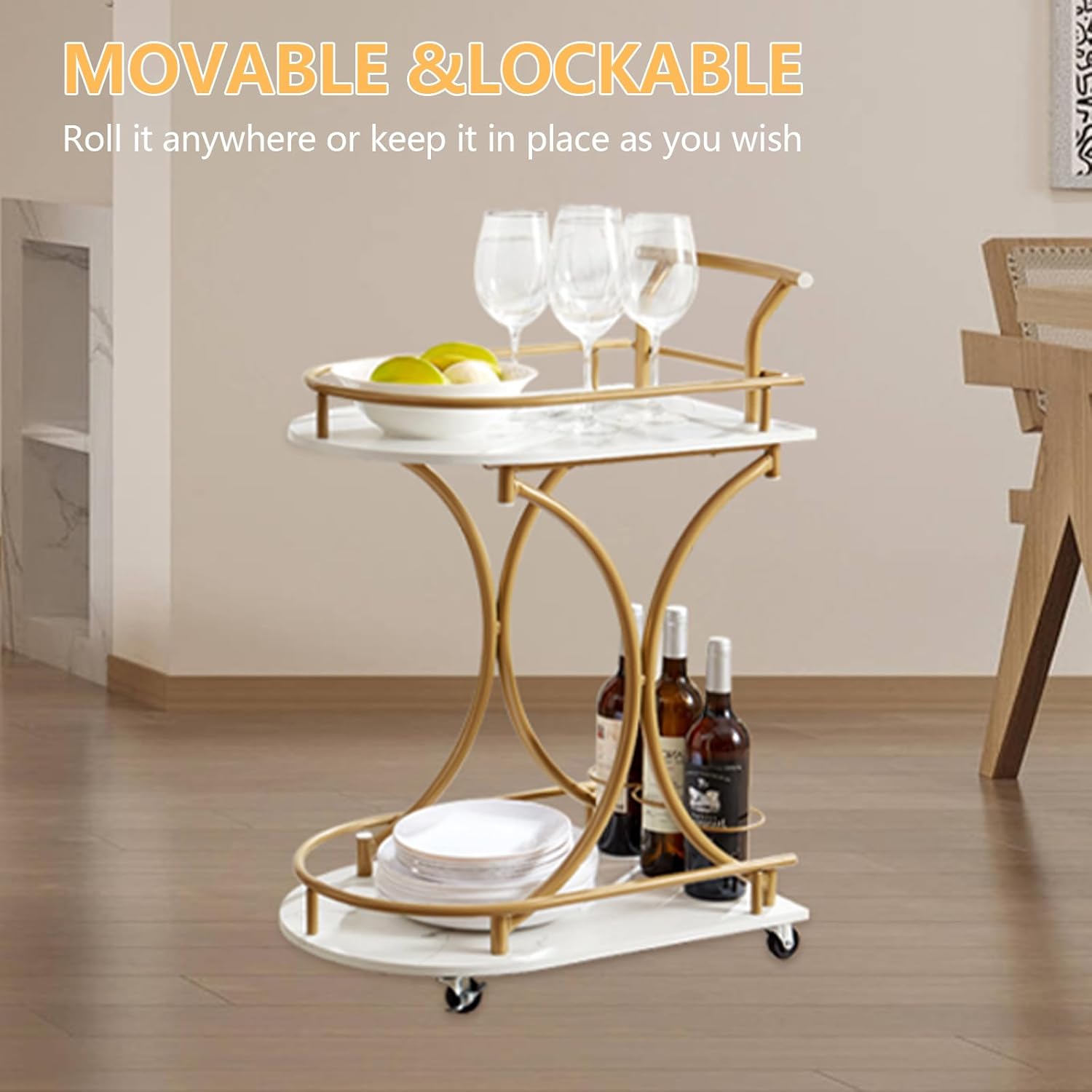 Gold 2-Tier Bar Cart with Wine Rack and Glass Holder Y521738