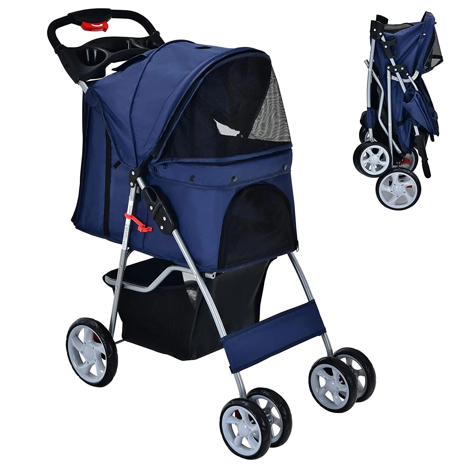 Navy Pet Stroller with 4 Lockable Wheels and Removable Liner R801