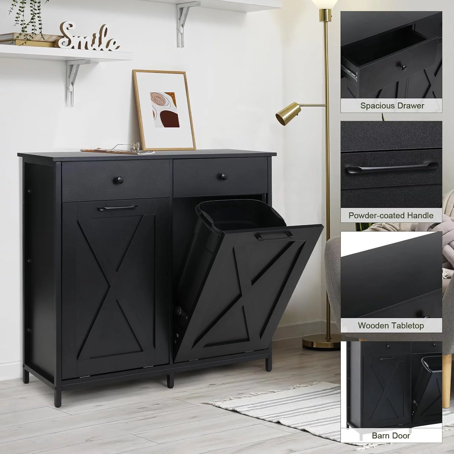 Double Tilt Out Trash Cabinet Freestanding Recycling Cabinet Garbage Can Holder with Drawers A657444