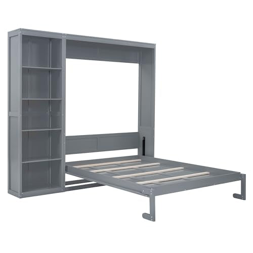Queen Murphy Bed with Storage Bookcase Shelves, Wood Folding Grey Murphy Wall Bed Cabinet Q345567