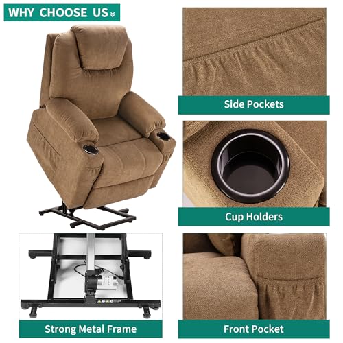 Light Brown Fabric Power Lift Recliner Chair with Heat and Massage Z370350