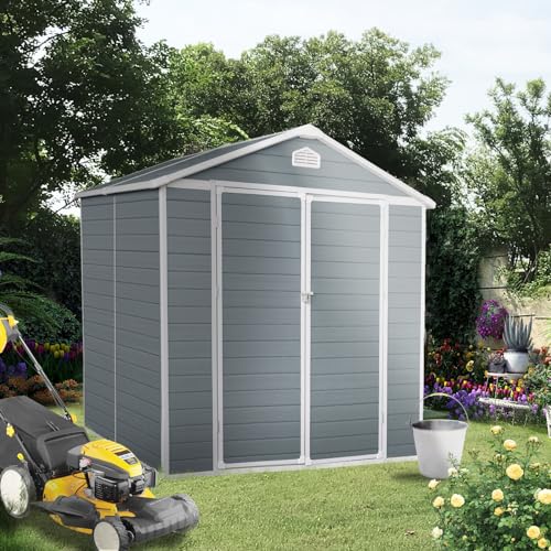 Grey Resin Outdoor Storage Shed with Door & Lock Q53650