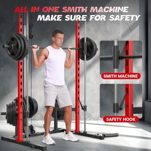 Smith Machine with LAT-Pull Down, Power Cage with Cable Crossover, Squat Rack with Landmine, Barbell Bar, Plate Storage Pegs J671420