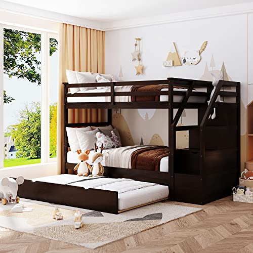 Twin-Over-Twin Wood Bunk Bed with Trundle and Storage Stairs (White) Y46337