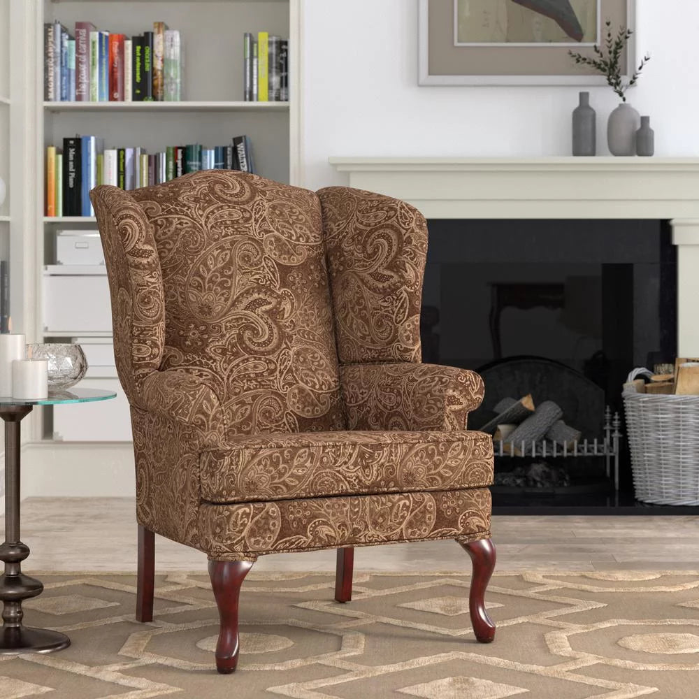 Paisley Cocoa Brown Chenille Fabric Wing Back Accent Chair L75046