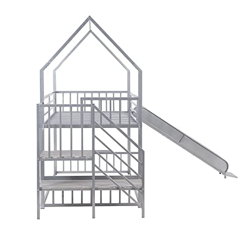 Twin Over Twin Metal Bunk Bed with Slide and Storage Staircase L768