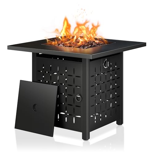 Black 28 Inch Steel Propane Fire Pit with Lid and Lava Rock K72591