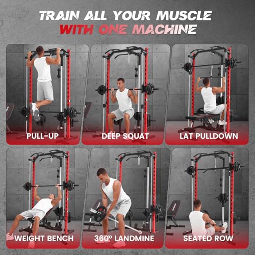 Smith Machine with LAT-Pull Down, Power Cage with Cable Crossover, Squat Rack with Landmine, Barbell Bar, Plate Storage Pegs J671420