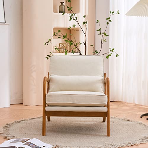 Linen White Accent Chair with Pillow Solid Wood Frame I626
