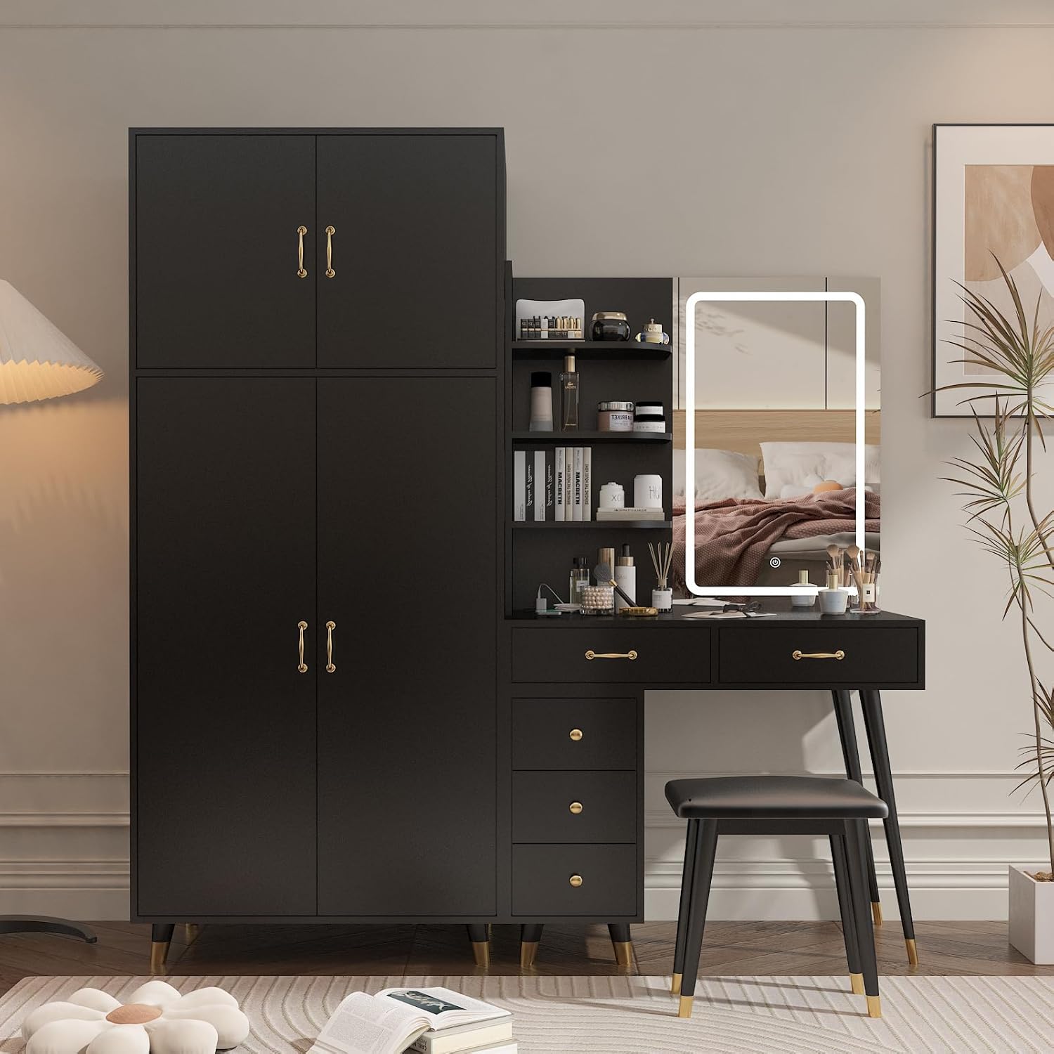 Black Vanity Desk with 4 Door Closet, Lights Mirror, Stool Set, Storage Cabinet 170 x 50 x 185CM M460819