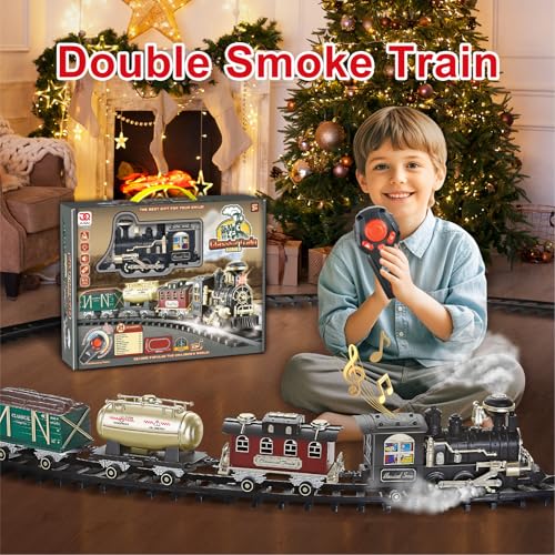 Remote Control Steam Locomotive Toy Train with Smoke, Lights, Sound & Tracks J3276