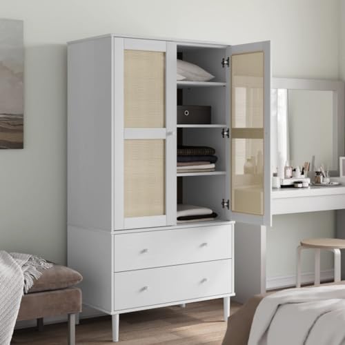 White Solid Pine Wood Wardrobe with Rattan Look Design N5729