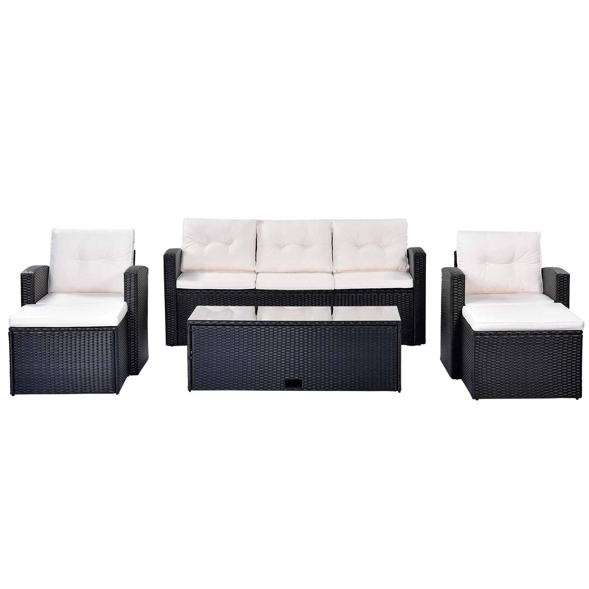 6-piece All-Weather Wicker PE Rattan Patio Outdoor Dining Conversation Sectional Set with Coffee Table, Wicker Sofas, Ottomans, Removable Cushions I514