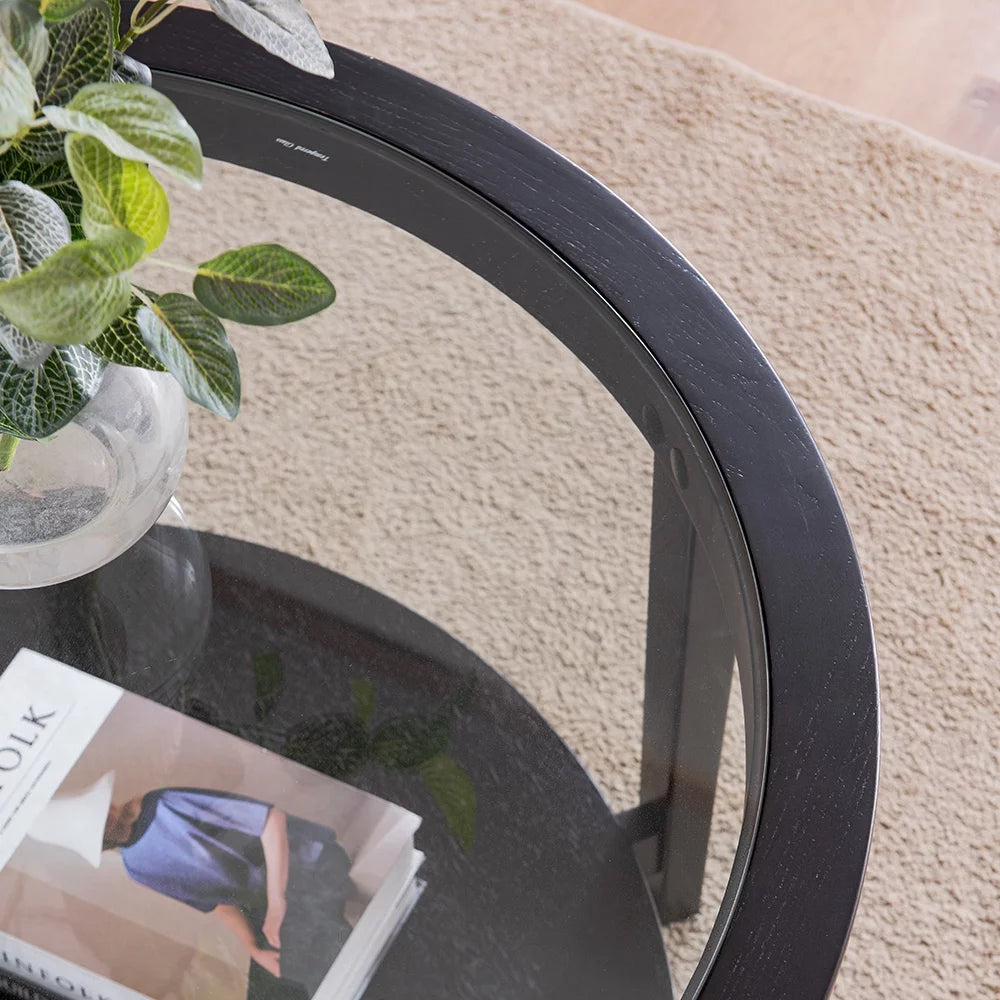 Black Round Tempered Glass Coffee Table with Solid Wood Legs A1992