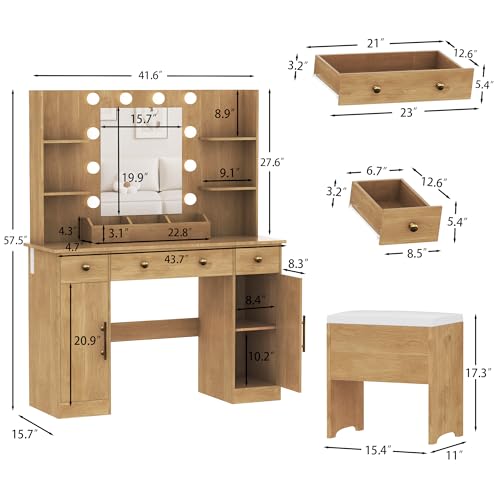 White Vanity Desk with Mirror and Lights, 3 Drawers and Cabinets E10663