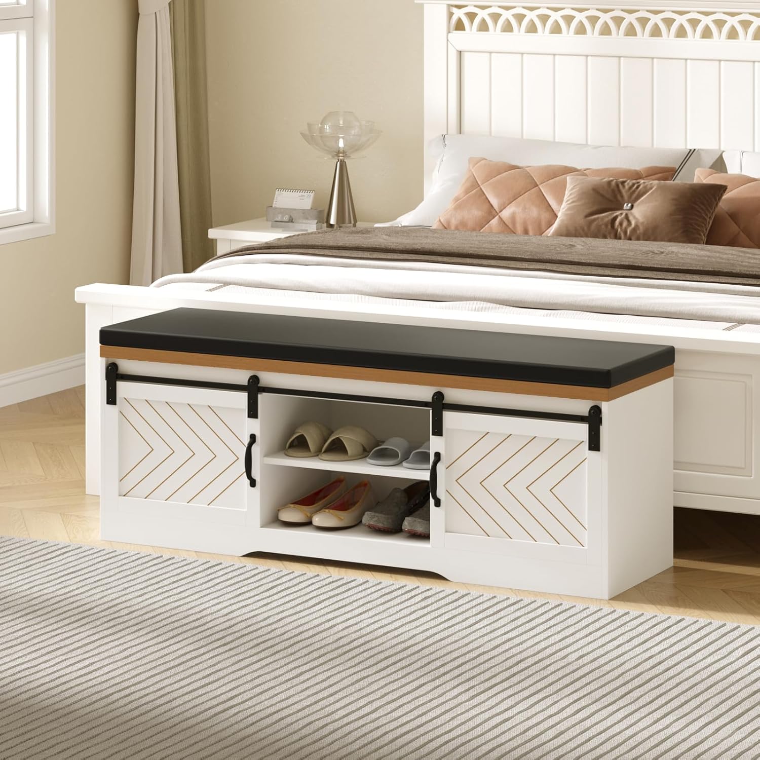 Shoe Storage Bench with Padded Seat Cushion and Sliding Barn Doors Q725