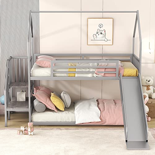 Twin Over Twin Metal Bunk Bed with Slide and Storage Staircase L768