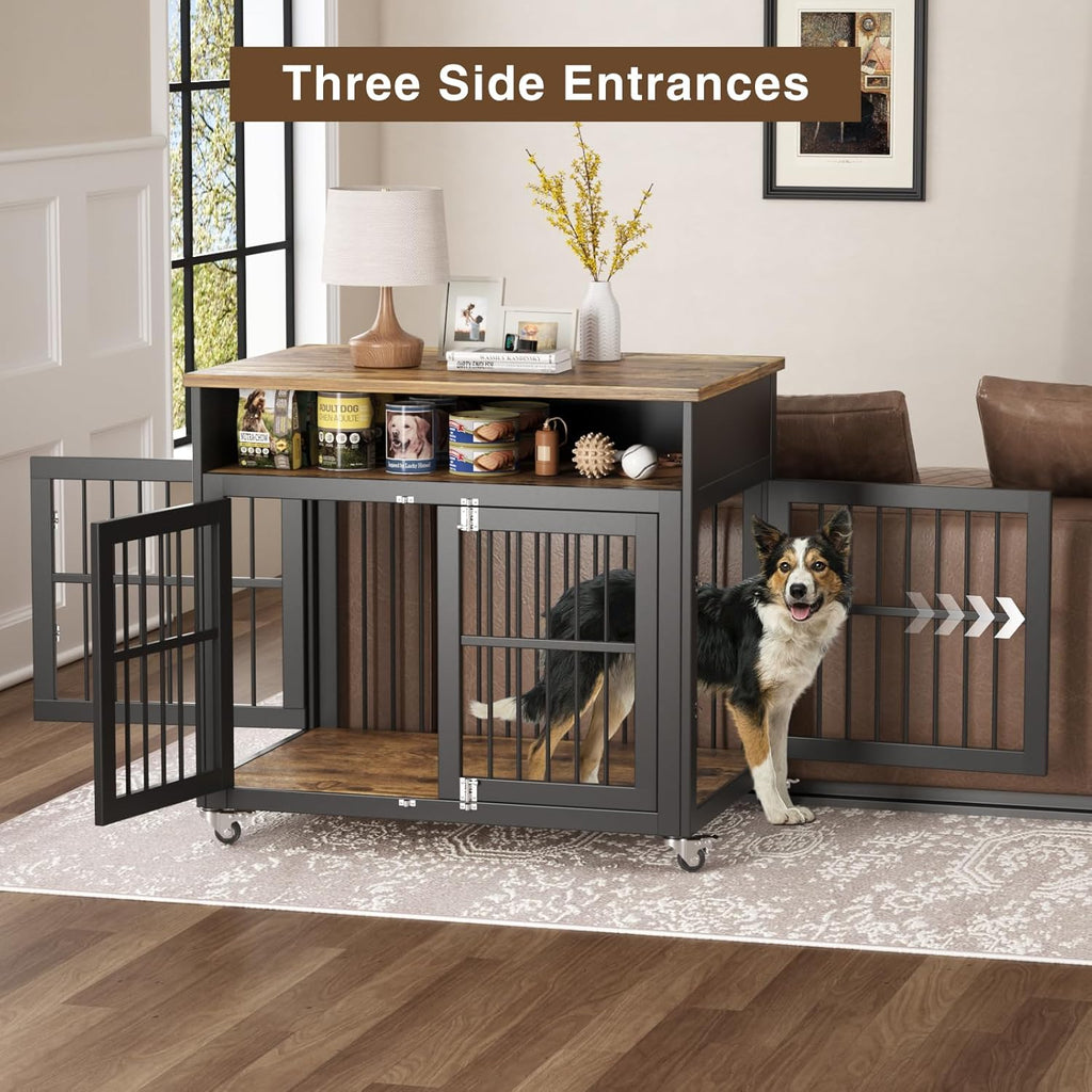 Brown Wooden Dog Crate with Wheels H910