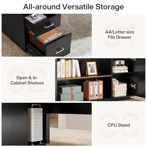 85.8-Inch L-Shaped Executive Desk with File Drawers, Door Cabinet & Shelves, White & Brown Y890