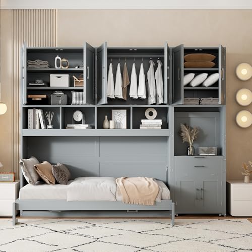 Grey Wooden Twin Murphy Bed with Storage Cabinet and Desk V8757