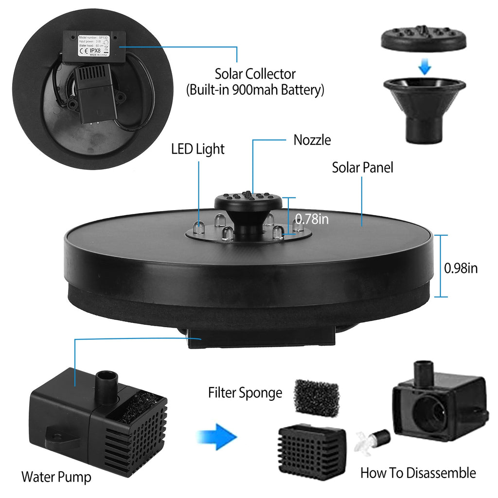 Solar Powered Fountain Pump With LED Lights 7 Nozzles V3237