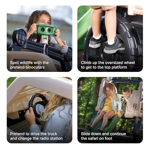 Safari Truck Climber Playset with Slide, Climbing Wall, Steering Wheel, and Binoculars, Brown B237763