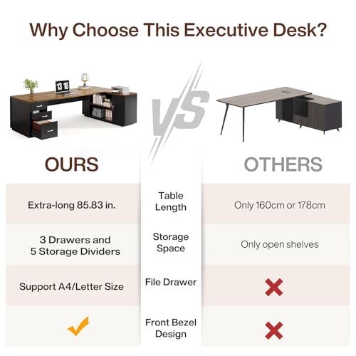 85.8-Inch L-Shaped Executive Desk with File Drawers, Door Cabinet & Shelves, White & Brown Y890